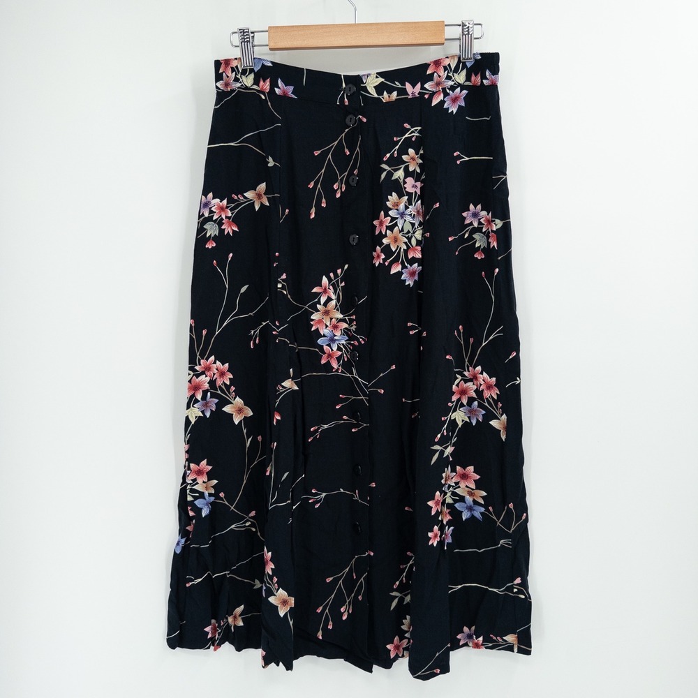 Vintage 90s Button Front Midi Skirt Womens Medium Black Floral Dark Romantic